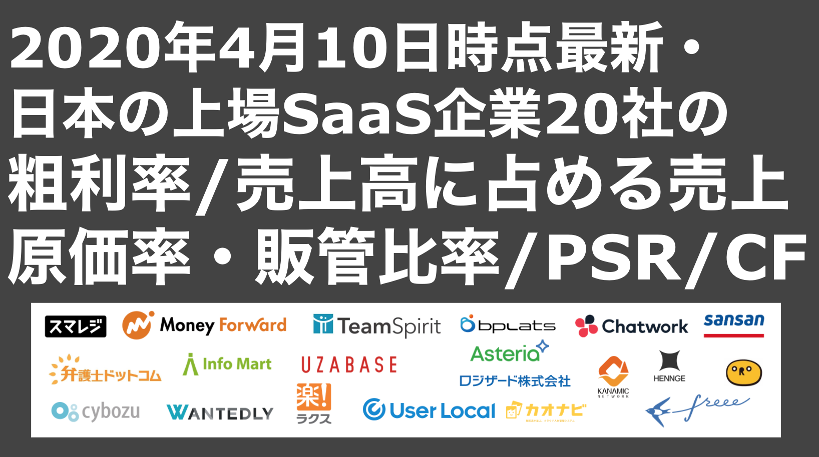 saaslife_2020年4月10日時点最新・日本の上場SaaS企業20社の粗利率売上高に占める売上原価率・販管比率PSRキャッシュフローCF